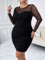 SHEIN Privé Plus Size Mesh Patchwork Pleated Bodycon Dress For Women