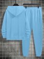 Extended Sizes Men's Plus Size Hooded Sweatshirt And Sweatpants Set With Drawstring, Spring And Autumn