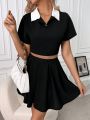 Contrast Color Turn Down Collar Cropped Top & Pleated Midi Skirt Set