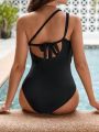 SHEIN Swim Classy Women's Black One-shoulder Backless Strap One-piece Swimsuit