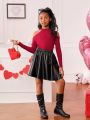 SHEIN Kids Cooltwn Big Girls' Solid Color Off-shoulder Long Sleeve Top With Pu Leather Skirt