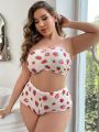 Mesh Strawberry Print Large Size Women'S Mold Cup Underwear Set (Valentine'S Day)