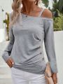 Asymmetric Shoulder Grey Long Sleeve T-shirt