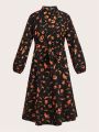 Plus Halloween Print Lantern Sleeve Belted Dress