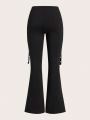 SHEIN ICON Women'S Bell Bottom Pants With Eyelet & Buckle Decorations