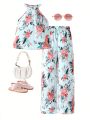 SHEIN Kids SUNSHNE Little Girls' Flower Printed Casual 2-Piece Outfit