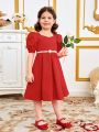 SHEIN Kids Nujoom Young Girl'S Casual Square Neck Bubble Sleeve Back Bowknot Dress