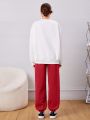 Teen Girls' Knitted Sweater And Pants Set With Letter Printed Round Neck