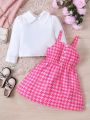 SHEIN Kids FANZEY Toddler Girls' Solid Color Shirt & Gingham Strap Dress 2pcs/Set