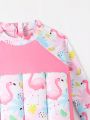 Little Girls Random Tropical And Cartoon Flamingo Print Raglan Long Sleeve One Piece Swimsuit