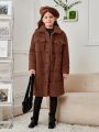 SHEIN Girls' Knitted Solid Color Reversible Fleece Collar Pockets Casual Long Coat