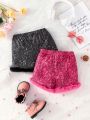 SHEIN Kids KDOMO Toddler Girls' Fashionable Sparkling Sequin Print Patchwork Fringe Trim Multiple Colors Shorts