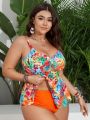 SHEIN Swim Vcay Plus Size Tropical Print Hollow Out Front Cami Top And Triangle Bottom Bikini Set