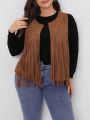 SHEIN CURVE+ Plus Fringe Trim Open Front Vest Jacket