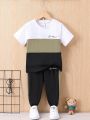 SHEIN 2pcs/Set Toddler Boys' Short Sleeve Colorblock Simple English T-Shirt And Pants For Autumn