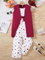 SHEIN Kids EVRYDAY Tween Girl's Sleeveless Open Front Jacket And Heart Pattern Cami Jumpsuit Set