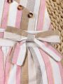 SHEIN Baby Girls' Casual Vintage Striped Fabric Sling Romper, Perfect For Outdoor Wear In Spring/Summer