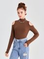 SHEIN 3pcs/set Teen Girls' Knit Ribbed Off Shoulder Mock Neck Long Sleeve T-shirts