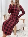 SHEIN LUNE Plaid Hem Slit Long Sleeve Dress