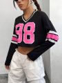 SHEIN Coolane Oversized Number Print Colorblock Cropped T-Shirt
