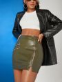 Fe June Zip Up PU Leather Bodycon Skirt