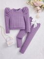 SHEIN Kids HYPEME Young Girl Round Neck Solid Color Long Sleeve Top And Bowknot Pants, Personality Trendy Set