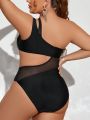 SHEIN Swim SXY Plus Size Mesh Splice Hollow Out One-piece Swimsuit