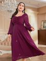 SHEIN Modely Plus Size Pleated Sweetheart Neck Shimmering Dress