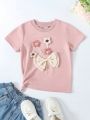 SHEIN Kids QTFun Girls' Short Sleeve T-shirt With 3d Flower & Bow Tie Decorated Round Neck