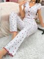 Ladies' Heart Pattern Printed Short Sleeve Long Pant Pajamas Set