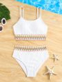 Teen Girl Zigzag Pattern Woven Strap Tankini Swimsuit Set