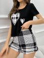 Women'S Summer Casual Pajama Set, Heart Print Short Sleeve Top And Plaid Shorts