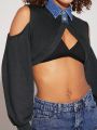 Luxe Cold Shoulder Super Crop Denim Jacket Without Bra