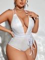 SHEIN Swim SXY Plus Size Deep V-neck Halter Cross Back One-piece Swimsuit