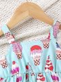SHEIN Baby Girl's Casual And Cute Ice Cream Pattern Color Block Dress With Bowknot Shoulder Straps