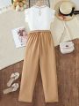 Teenage Girls' Ruffle Trim Round Neck Top With Bowknot Decoration And Casual Pants 2pcs/Set