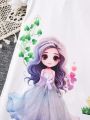 SHEIN Kids QTFun Young Girl's Cute Cartoon Character Heart Printed Lace Trimmed Puff Sleeve Dress For Spring And Summer