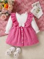 Baby Girl Ruffle Trim Flounce Sleeve Tee & Bow Front Overall Dress