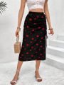 SHEIN VCAY Valentine's Day Women's Half-Skirt With Heart-Shaped Print, Drawstring And Split Hem