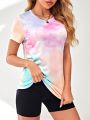Tie Dye Cut Out Back Curved Hem Sports Tee