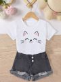 SHEIN Toddler Girls' Cute Cat Face Expression Design Short Sleeve T-Shirt