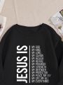 Plus Size Round Neck Sweatshirt With Slogan Print And Drop Shoulder