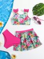 Little Girls' Flamingo & Tropical Flower Pattern Bikini Swimsuit With Bowknot Matching Half Skirt & Beachwear, Spring/Summer