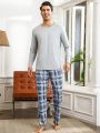 Men'S Plain Long Sleeve T-Shirt And Checked Long Pants Homewear