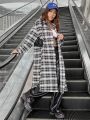 SHEIN Coolane Women's Long Plaid Coat With Letter Printed, Autumn And Winter