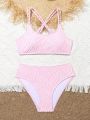 Teenage Girls' Cross Back Texture Bikini Swimwear Set