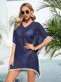 SHEIN Swim BohoFeel 1pc Pom Pom Detail Batwing Sleeve See-Through Cover Up Dress