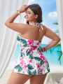 SHEIN Swim Vcay Plus Size Tropical Printed Ruffled Bandeau Bikini Set With High Waisted Bottom