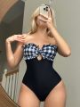 SHEIN Swim Mod Gingham Panel Front-Tie Bandeau One-Piece Swimsuit