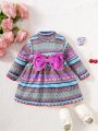 Infant Girls' Casual Geometric Pattern Long Sleeve Dress With Half High-neck For Autumn And Winter